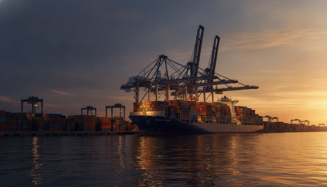 Container ship being loaded by gantry cranes at dusk
