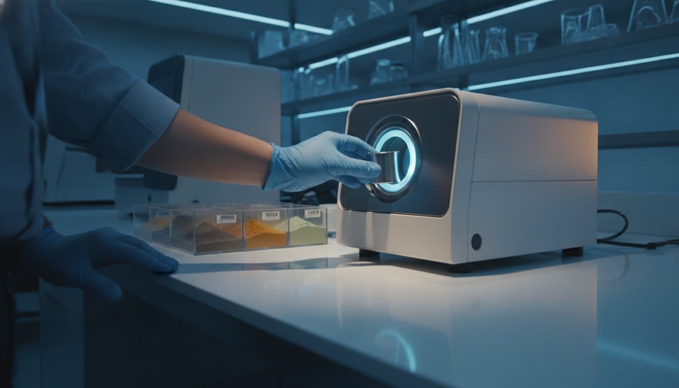 Mineral sample being analyzed with a benchtop XRF spectrometer