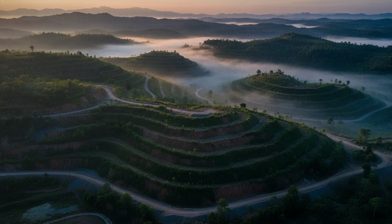 Rehabilitated mining land with young trees growing over former mine benches